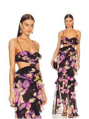 NWT Michael Costello
REVOLVE Abby Gown Black Floral Bustier Cut Out Ruffle Maxi